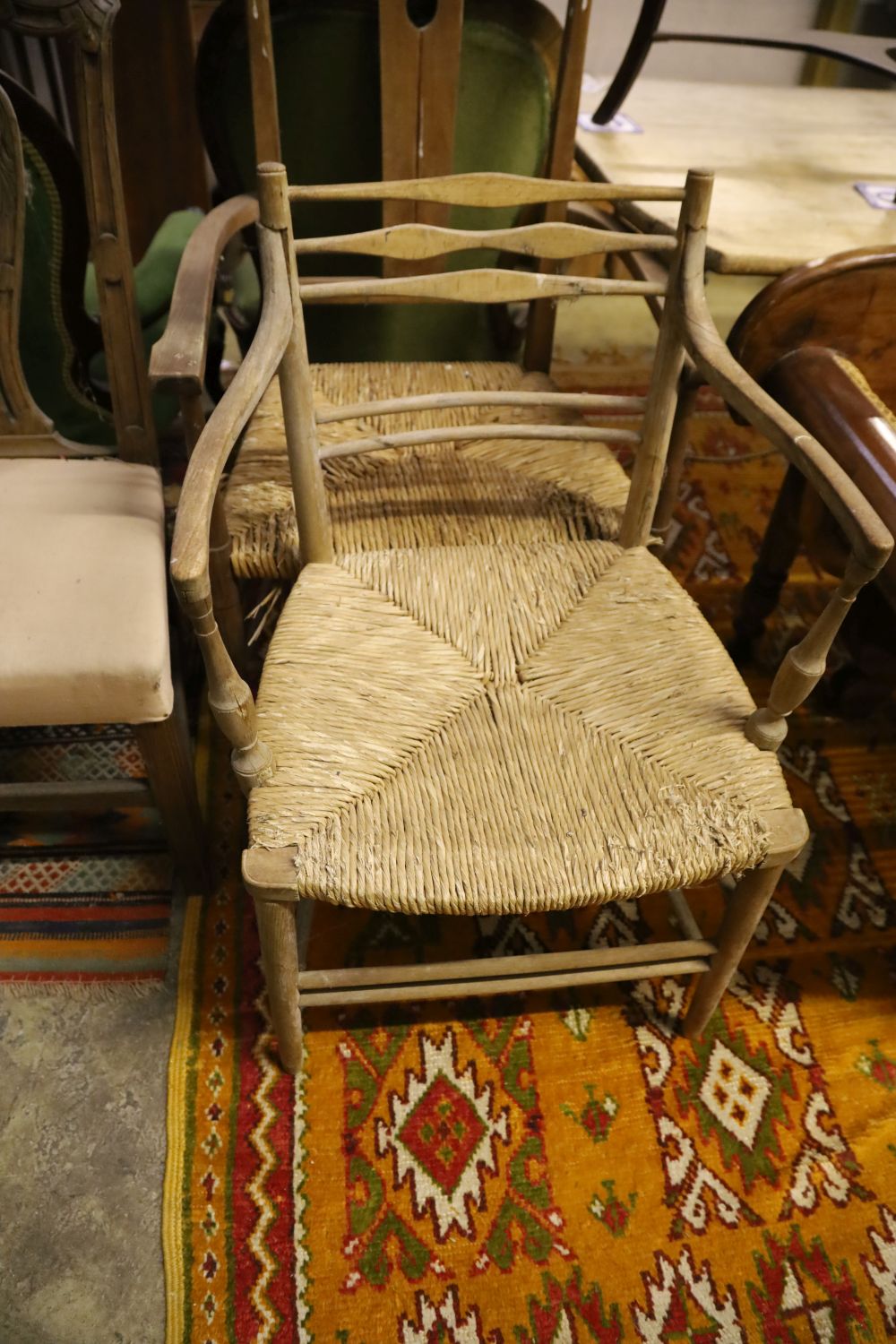 A Regency simulated bamboo elbow chair, George III provincial elbow chair and 3 others